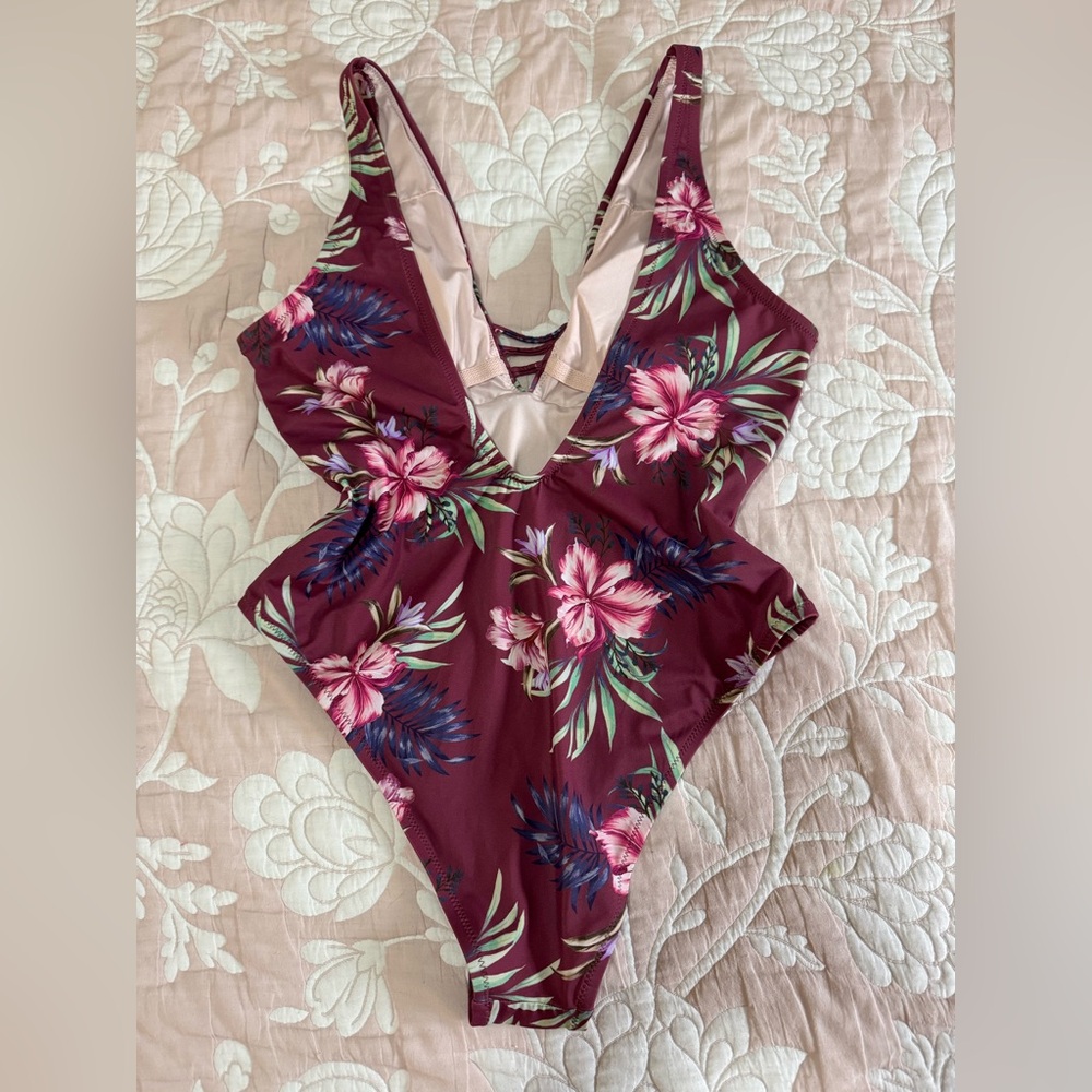 Floral One Piece Swimsuit - Burgundy and Pink - Picture 2 of 4